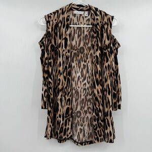 Susan Graver Duster Women XS Brown Animal Print Cold Shoulder 3/4 Sleeve Stretch